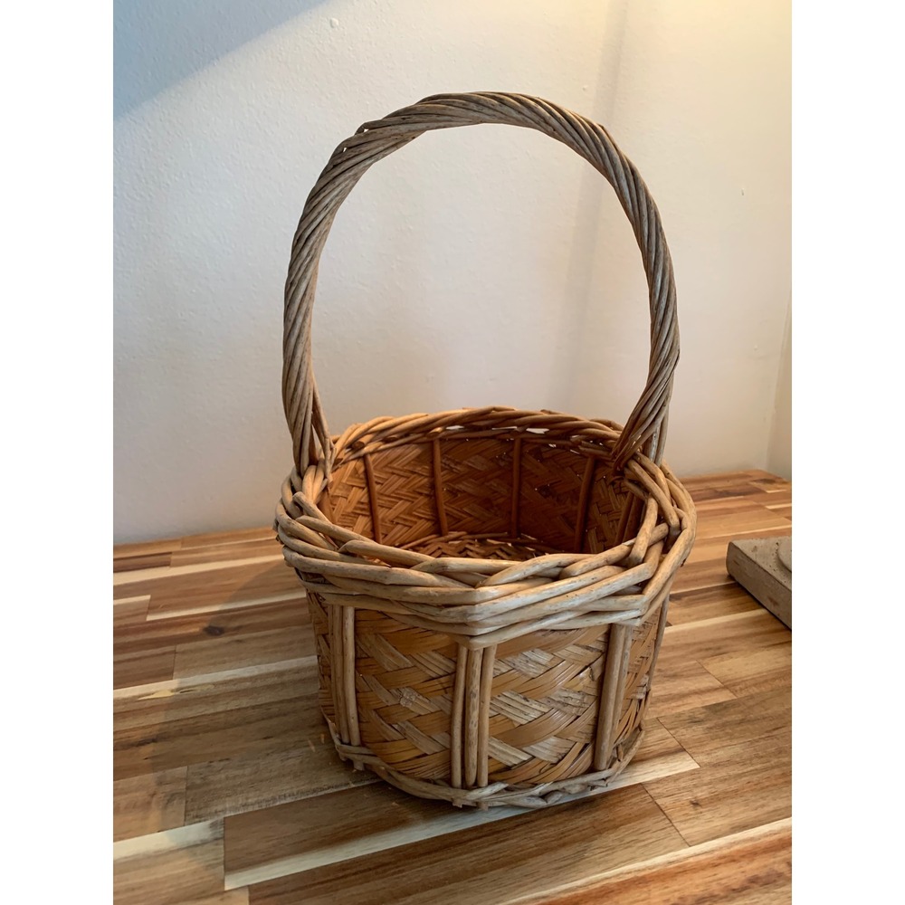 Boho Vintage Wicker Oval Basket Twisted Handle Cottagecore Rustic Decor